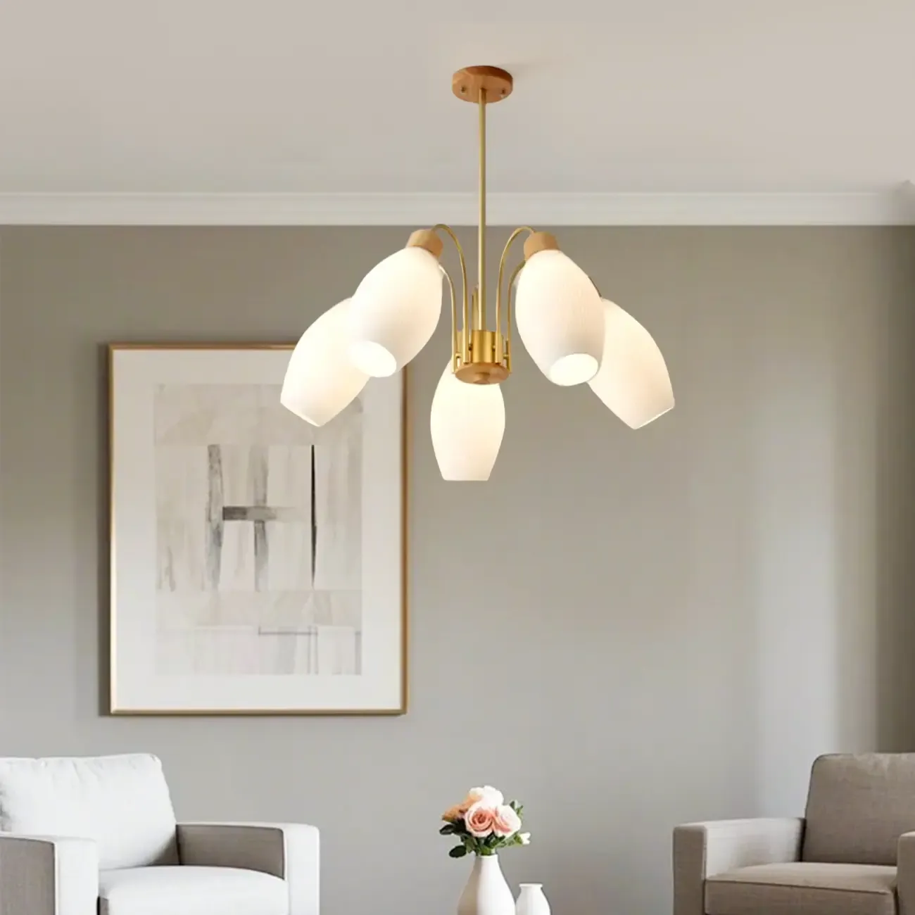 Modern Adjustable White Chandelier with Glass Shades