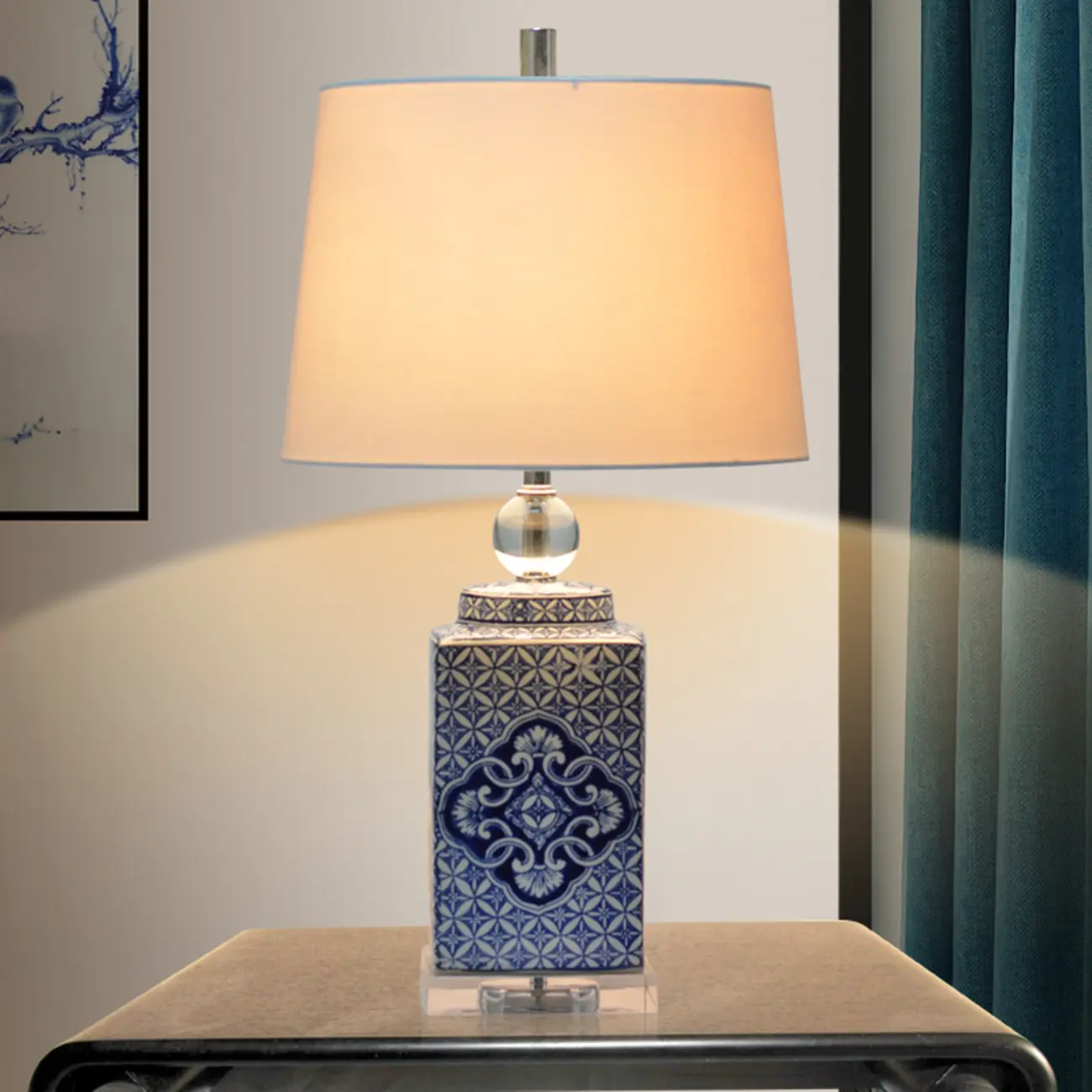 Blue Traditional Ceramic Table Lamp with Fabric Shade