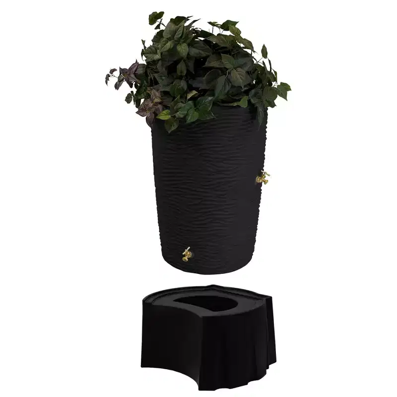 Good Ideas Impressions 50 Gallon Palm Trunk Rain Saver Barrel with 2 Spigots and Rain Wizard Universal Rain Barrel Stand, Adds Room for Buckets