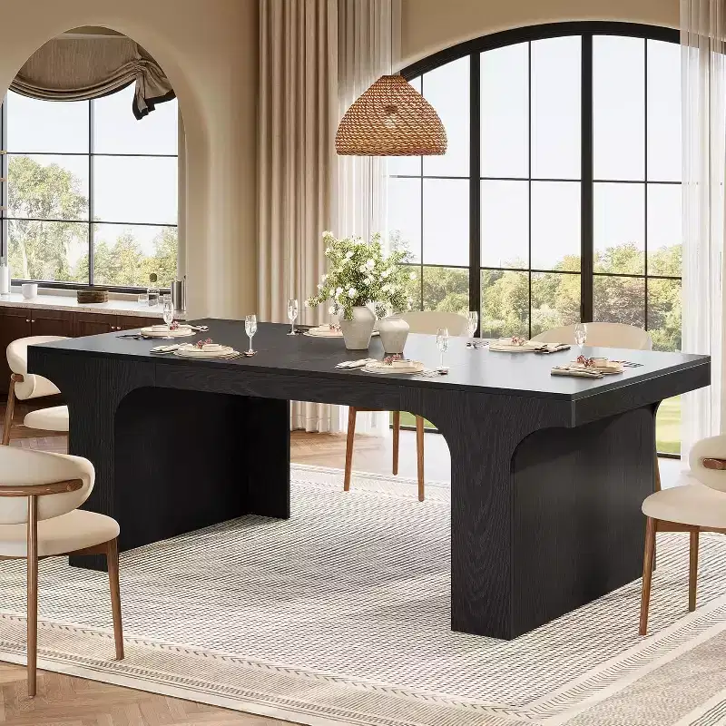 Lantine 71-Inch Large Dining Table for 6-8, Farmhouse Wooden Kitchen Table with Arched Design and Double Pedestal for Dinner, Banquet