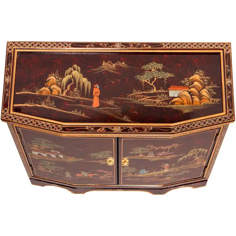 Red Lacquer Slant Sideboard, Hand-Painted Landscape, 2 Doors