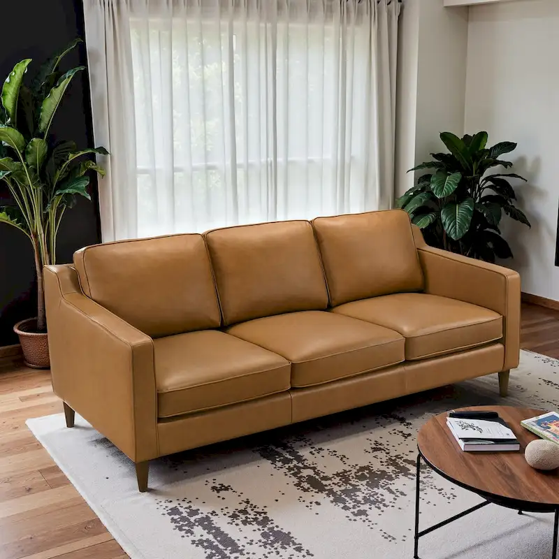 Mid Century Modern Genuine Leather Couches in Cognac Tan