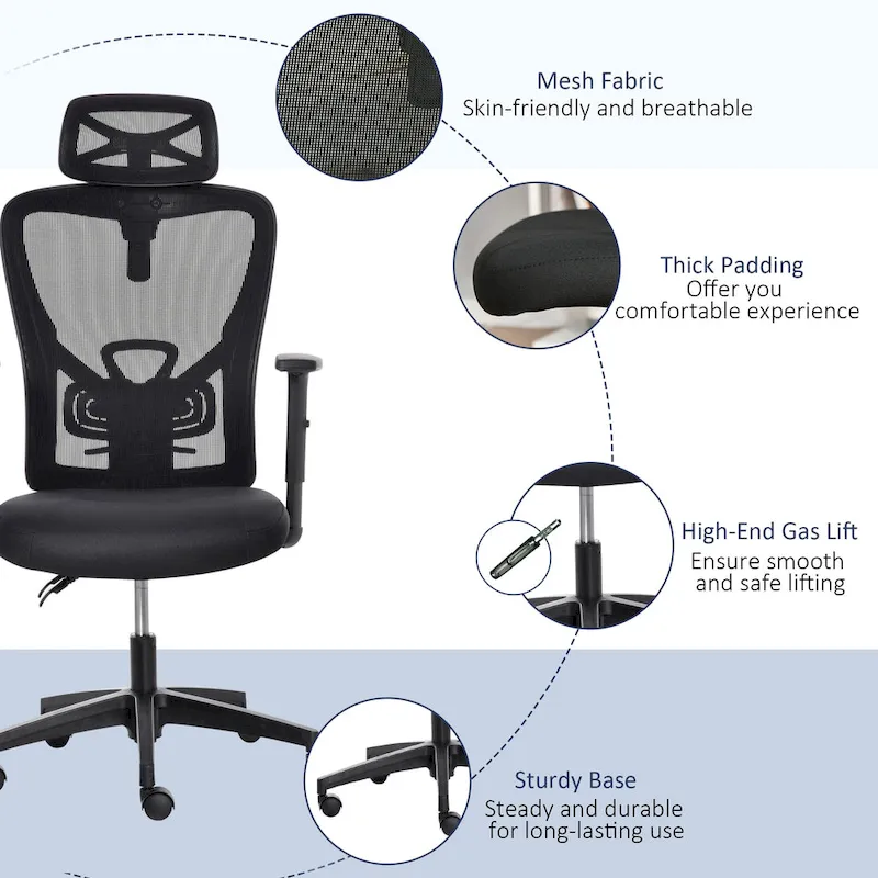 Black High-Back Mesh Ergonomic Office Chair with Lumbar Support, Adjustable Headrest & Armrests – 1-Person