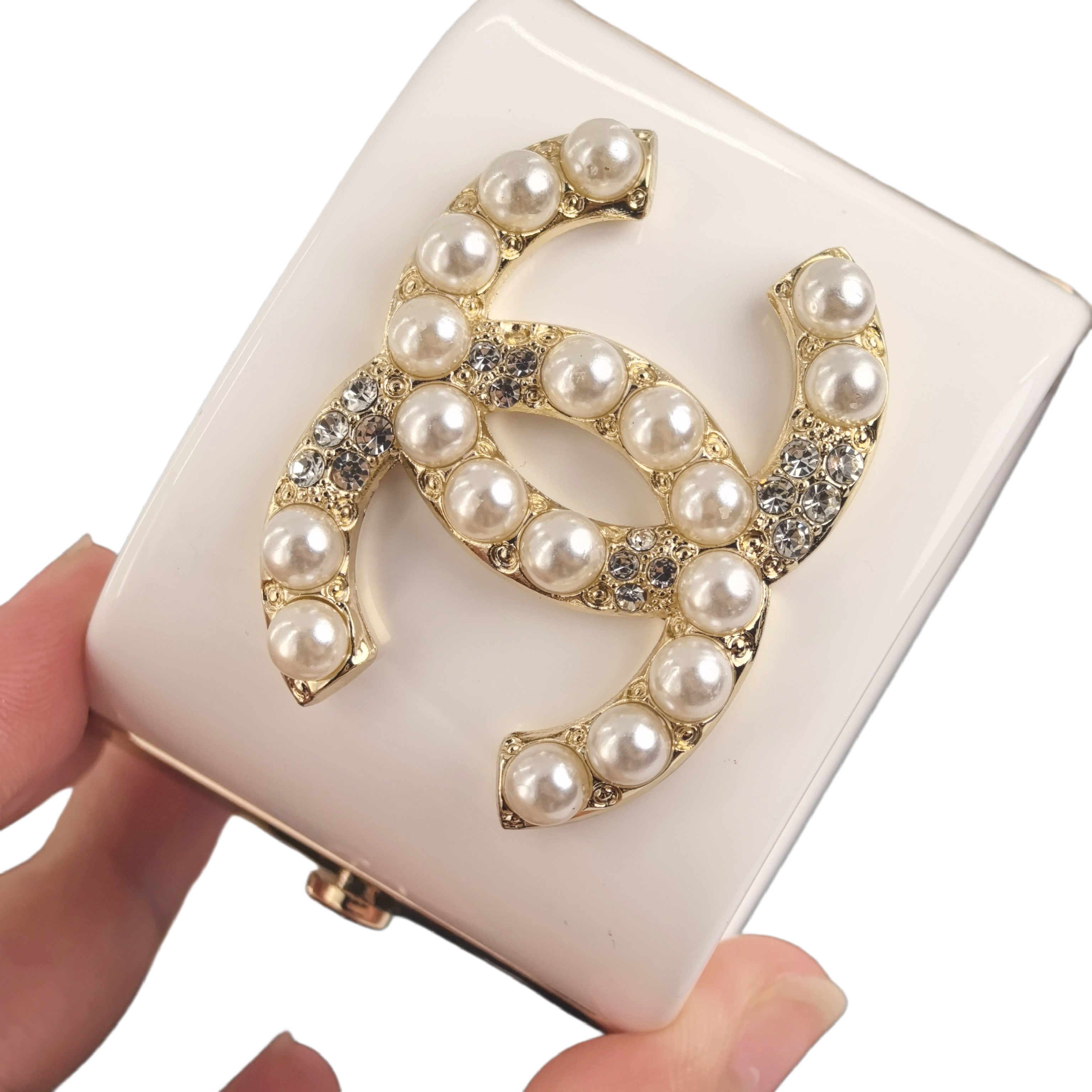 CCS101 CC wide acrylic with crystal and pearl cc logo cuff bracelet - ccjewelryacc