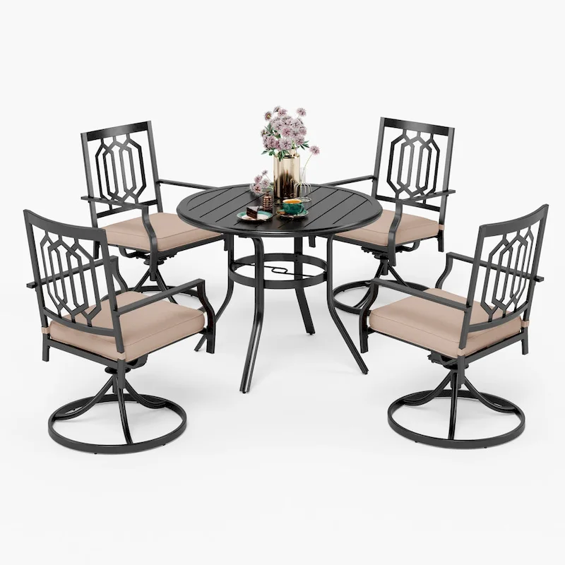 MAISON ARTS 5 Piece Metal Patio Dining Set, 4 Swivel Armrest Chairs with Cushion and 37.8 Round Table with 1.57 Umbrella Hole
