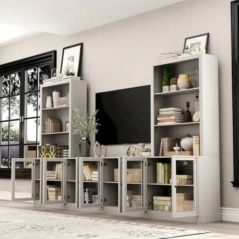 Home Media Center Sleek Design with Ample Shelving and Glass Accents