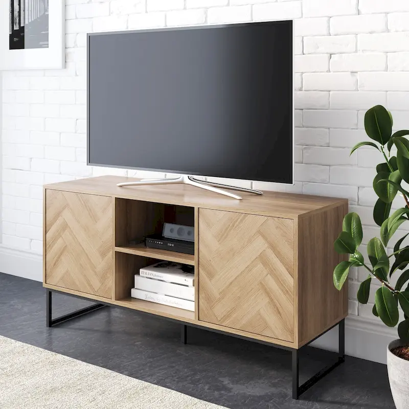 Media Console Cabinet TV Stand with Hidden Storage Herringbone Pattern Wood Metal - 47 inches