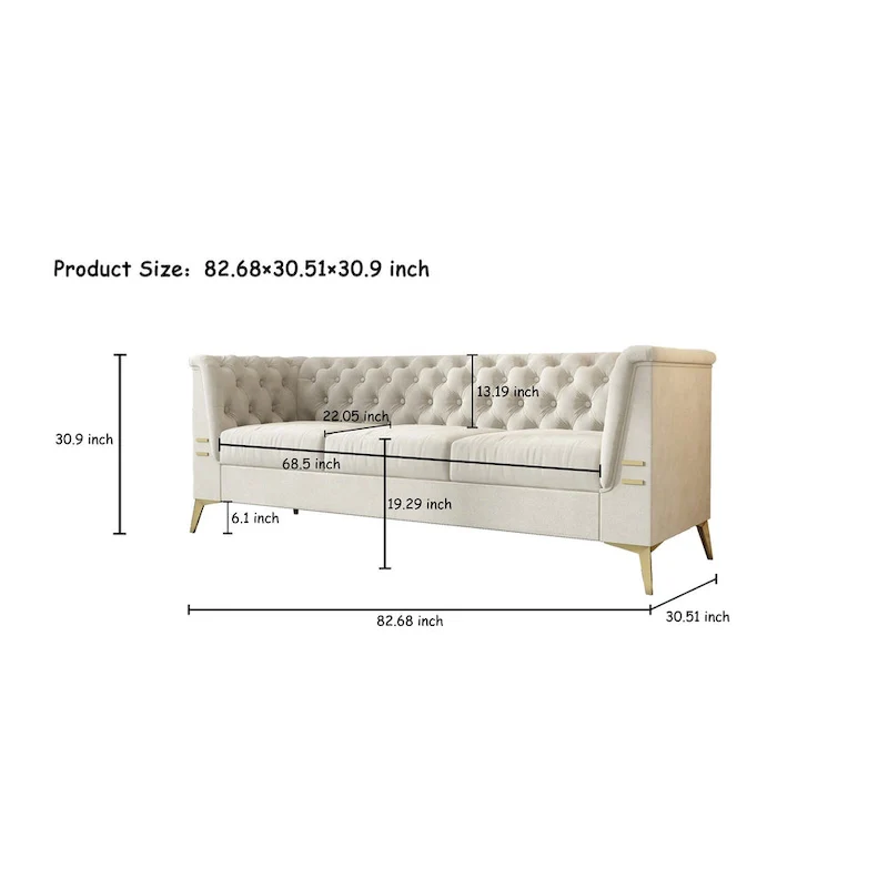 82.7 Velvet 3-Seater Sofa with Gold Metal Legs