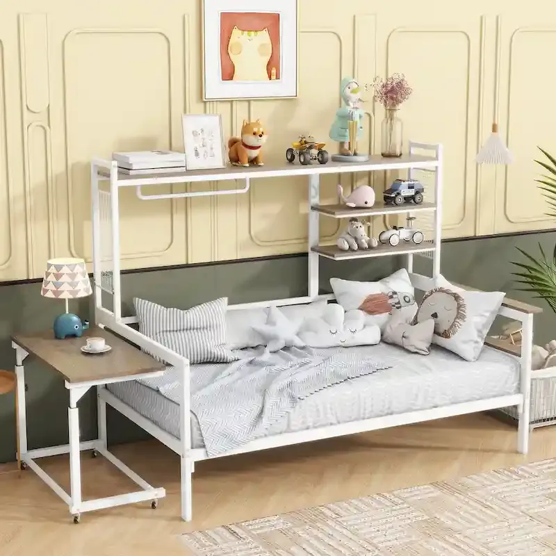 Metal Daybed with Movable Desk, Shelves and Clothes Hanger
