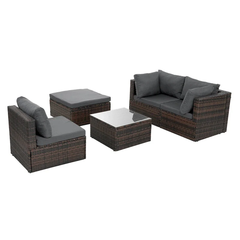 5 Set Wicker Furniture With Tempered Glass Coffee Table