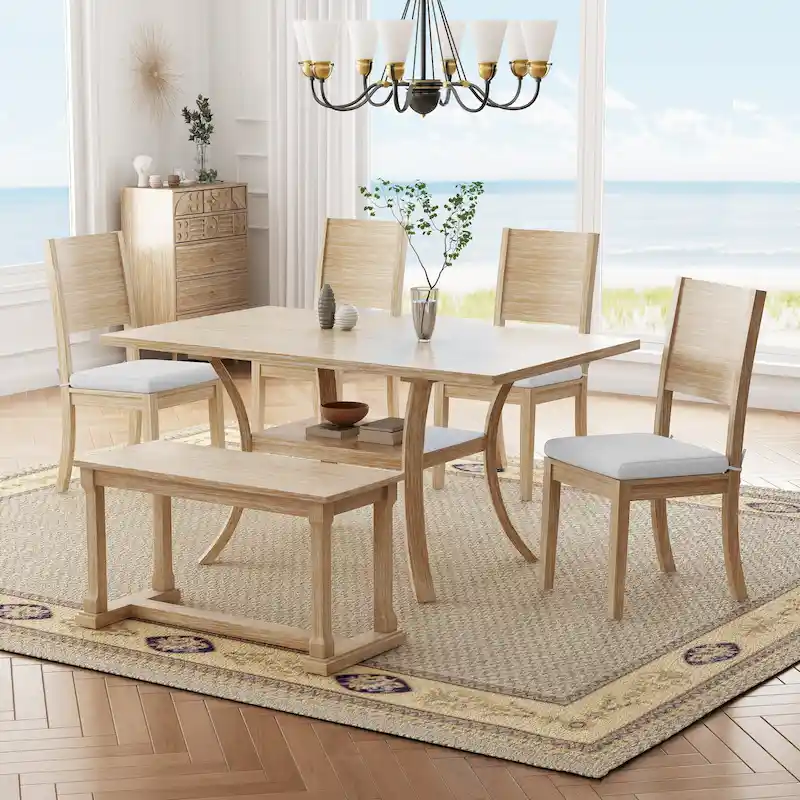 Modern Style 6-Piece Dining Table Set with 4 Removable Cushions Dining Chairs, Storage Shelf and Bench