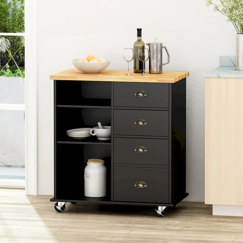 Modern Kitchen Cart with Rubberwood Top, Cabinet Storage, Two Drawers, Three Open Shelves and Lockable Rolling Casters