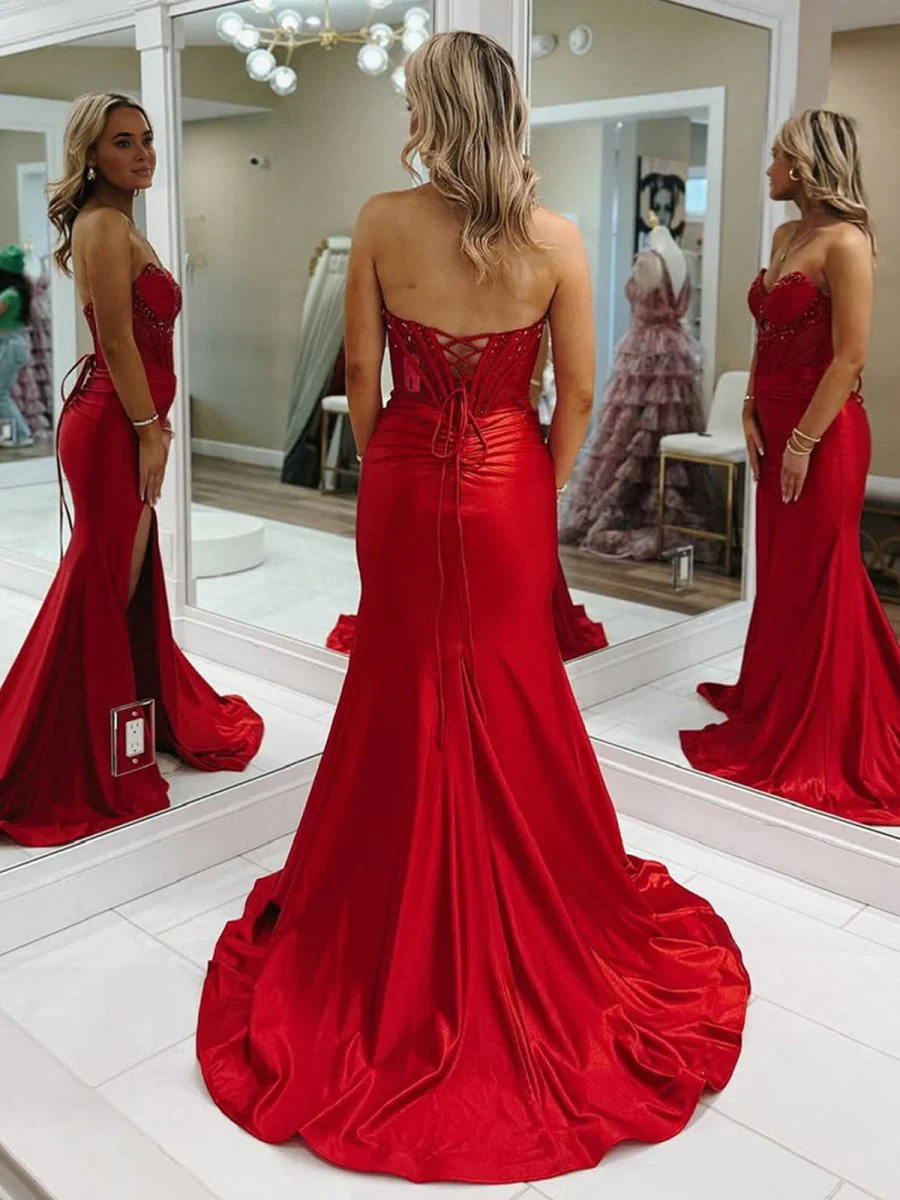 Mermaid Strapless Keyhole Red Satin Long Prom Dresses with Slit