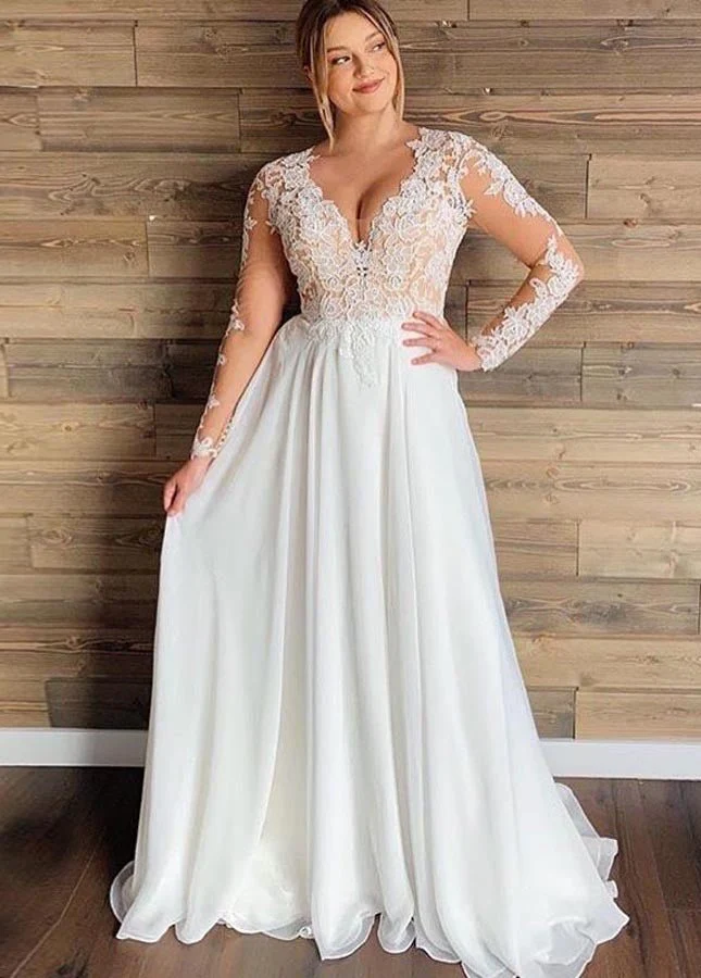 Modest Long Sleeves V-neck Lace Appliques A-Line Chiffon Beach Plus Size Wedding Dresses