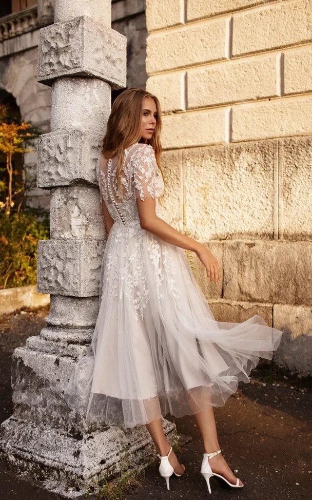 Tea Length Sleeves Ethereal Modern A-Line V-Neck Button Back Wedding Dress