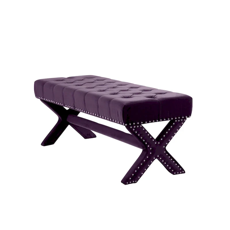 HomeRoots 45 Plum Velvet Upholstered Bench - 45.27L x 19.68W x 19.29H