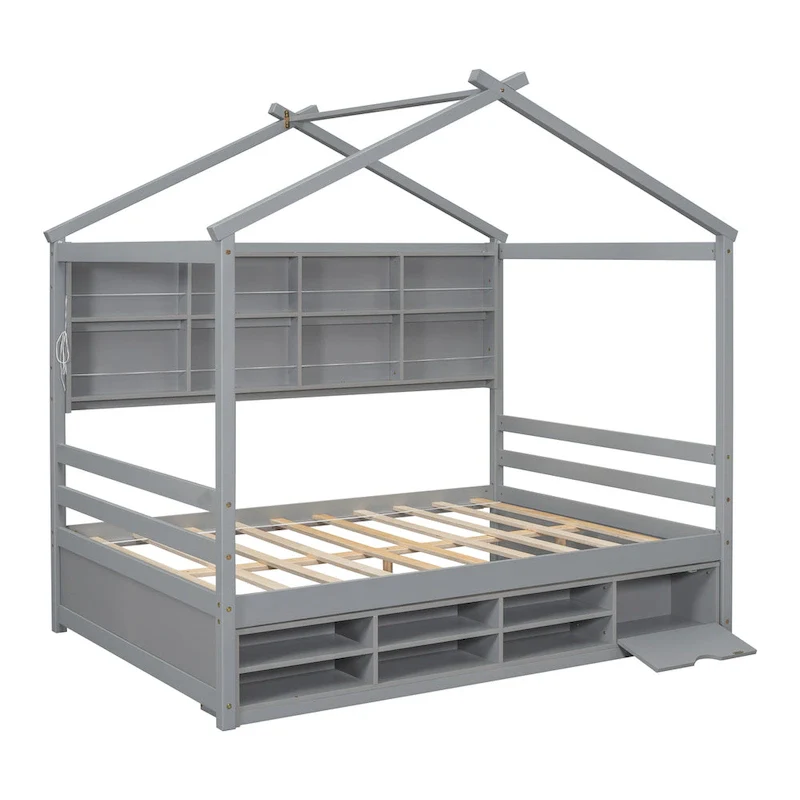 House-Shaped Kids Full Bed with Under-Bed Storage – White / Natural / Grey