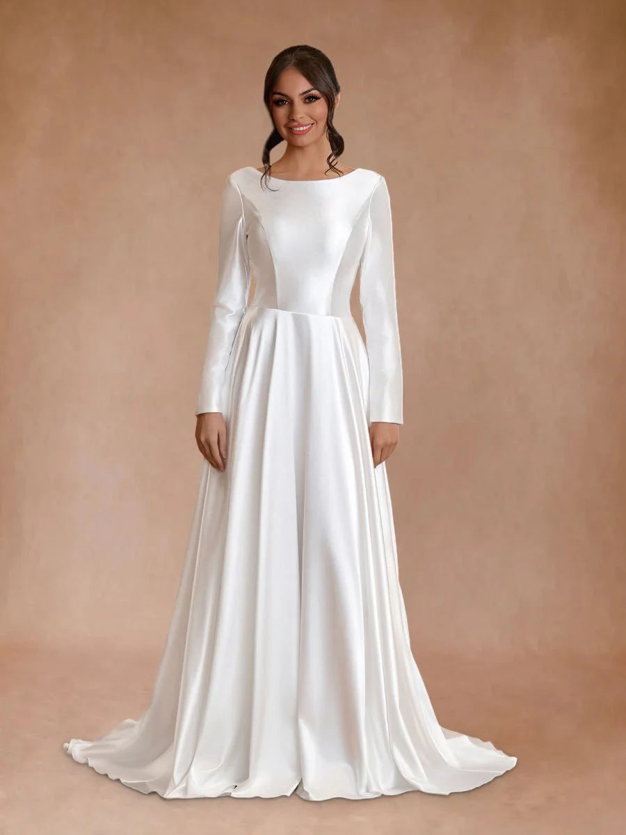 Vintage Satin A-Line Bateau Neckline Long Sleeves Bridal Gown Wedding Dresses