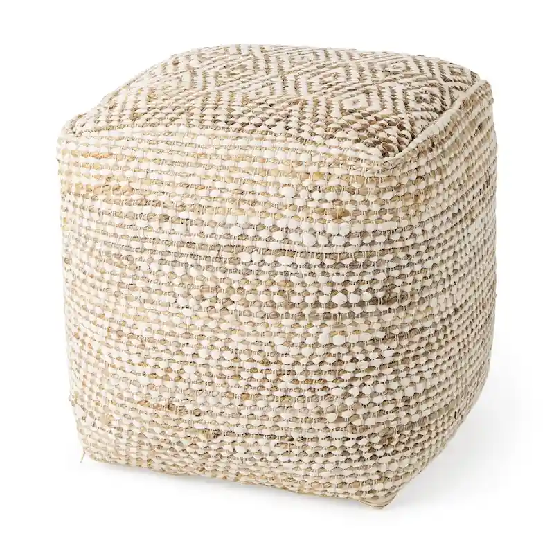 Cream and Beige Cotton Square Pouf