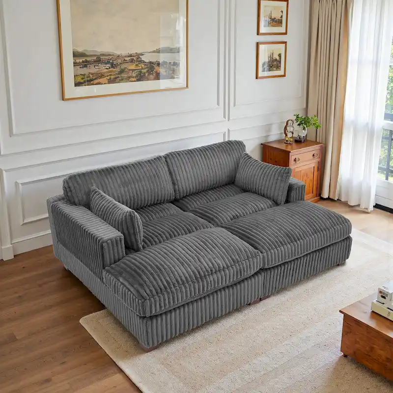 Light Brown / Grey / White / Green Plush Corduroy Modular Sectional Sofa with Chaise, 2–4 Person