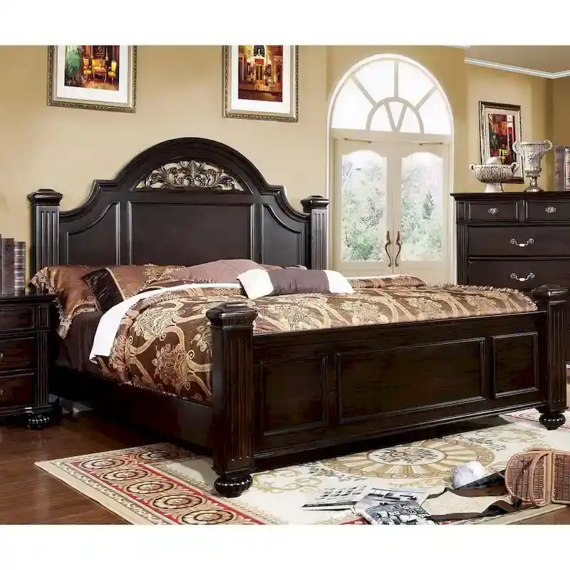 Dark Walnut Queen Four Poster Bed with Floral Carved Headboard & Fluted Posts – Traditional Style, Sleeps 1–2