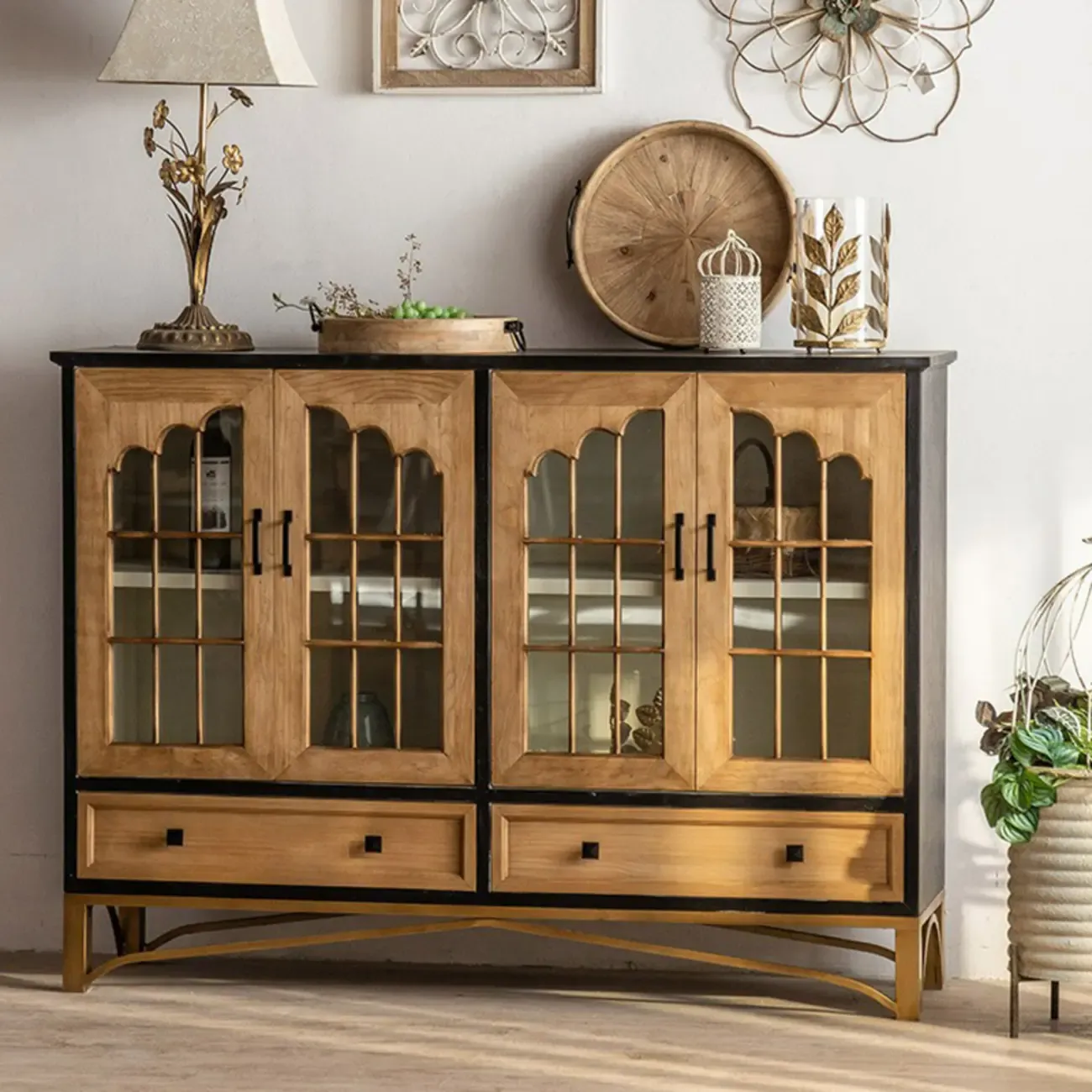 16W Rustic Brown Wooden Sideboard with Glass Doors & Drawer