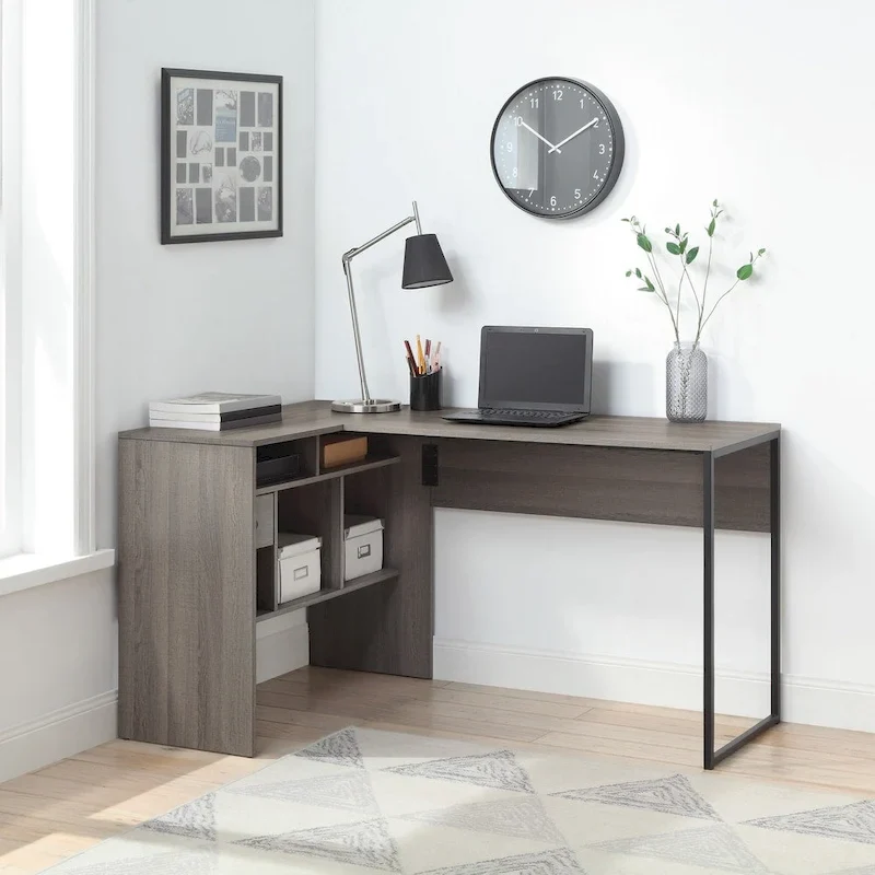 L-Shaped Corner Desk for Home Office – Grey/Wood Finish, Space-Saving Design, 67 lbs