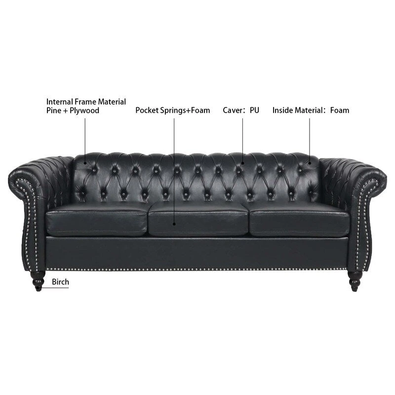 GEITIN 84.65 PU Rolled Arm Chesterfield 3 Seater Sofa
