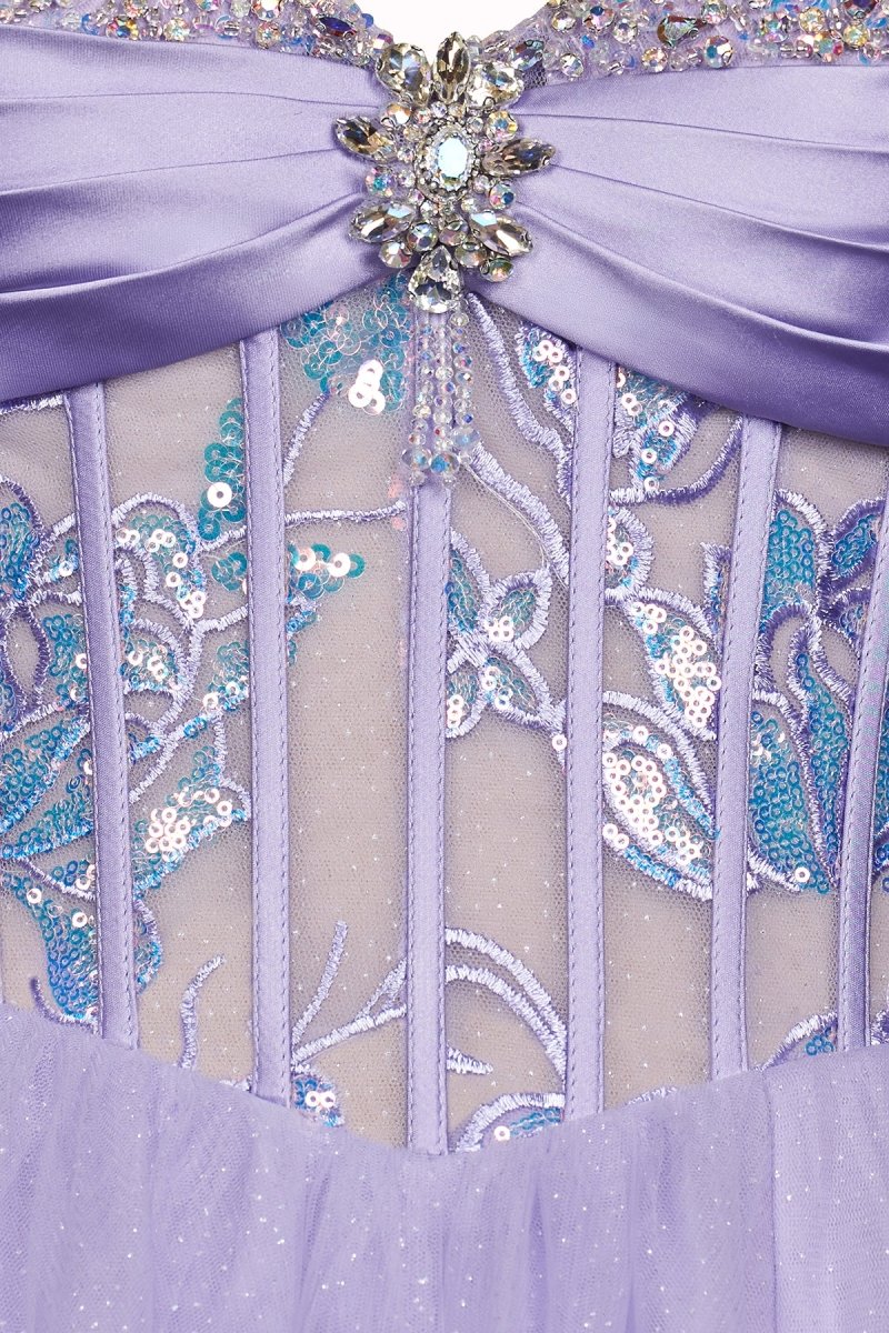 Lilac Strapless A Line Tulle Long Prom Dresses With Beading