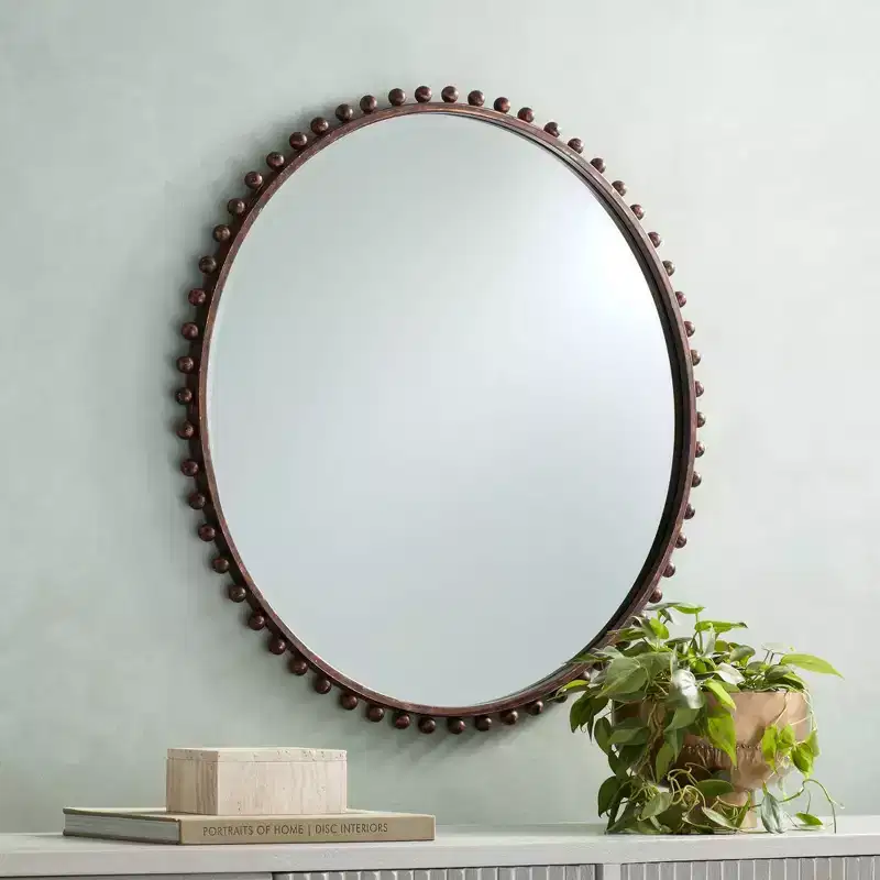 Uttermost Round Vanity Decorative Wall Mirror Rustic Beveled Glass Dark Bronze Beaded Iron Frame 32 Wide for Bathroom Living Room