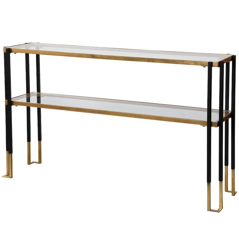 Matte Black & Brushed Gold Modern Console Table with 2 Tempered Glass Shelves, 1-Person