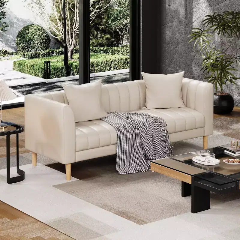 Faux Leather Sofa Couch for Living Room, 78 W Modern 3 Seater Sofa Couch with Deep Seats, 2 Throw Pillows and Wood Legs, for Bedroom, Apartment