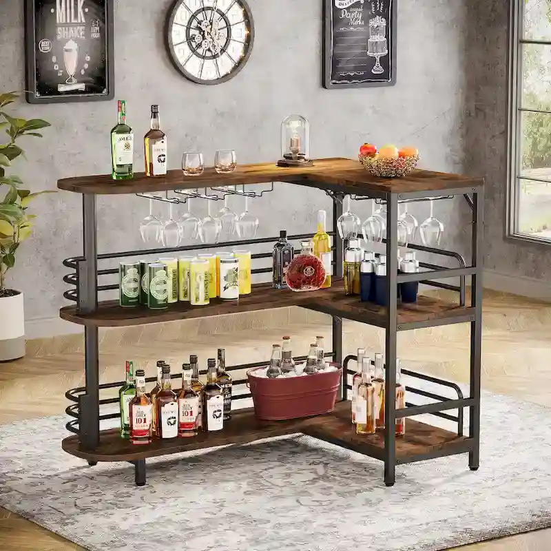 L-Shaped Home Bar Unit, 3 Tier Liquor Bar Table with Wine Glasses Holder, Corner Wine Bar Cabinet for Home Kitchen Pub