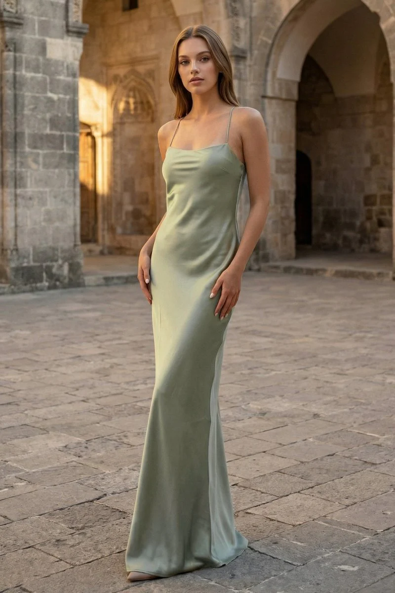 Sage Spaghetti Straps Sheath Satin Lace Up Long Prom Dresses