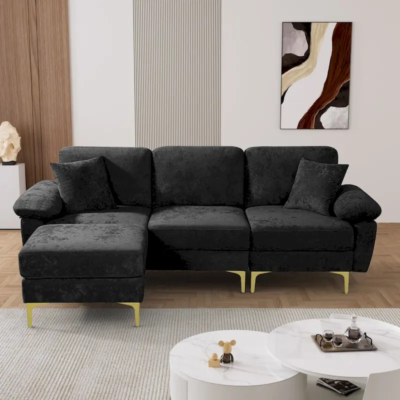 Upholstered Velvet Sectional Sofa with Pillows & Ottoman