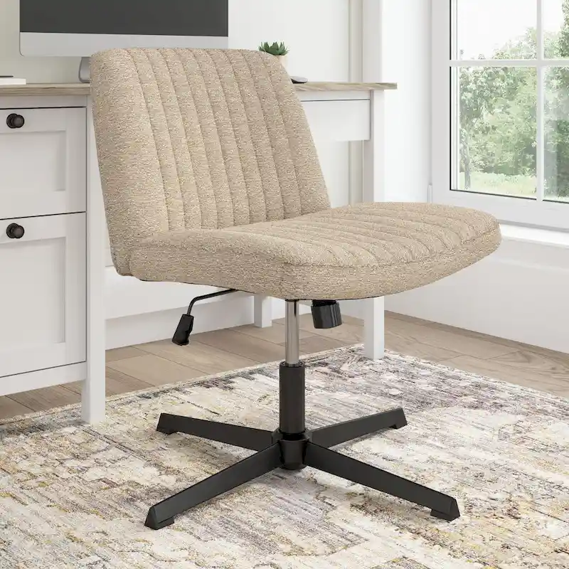 Armless Fabric Office Chair Without Wheels, Single, Cool Beige / Dark Charcoal / Light Cream