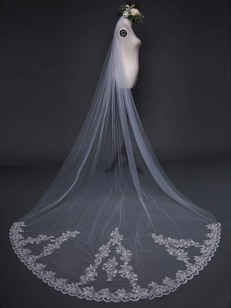 Ivory Cathedral Veils with Lace and Beaded Hemline