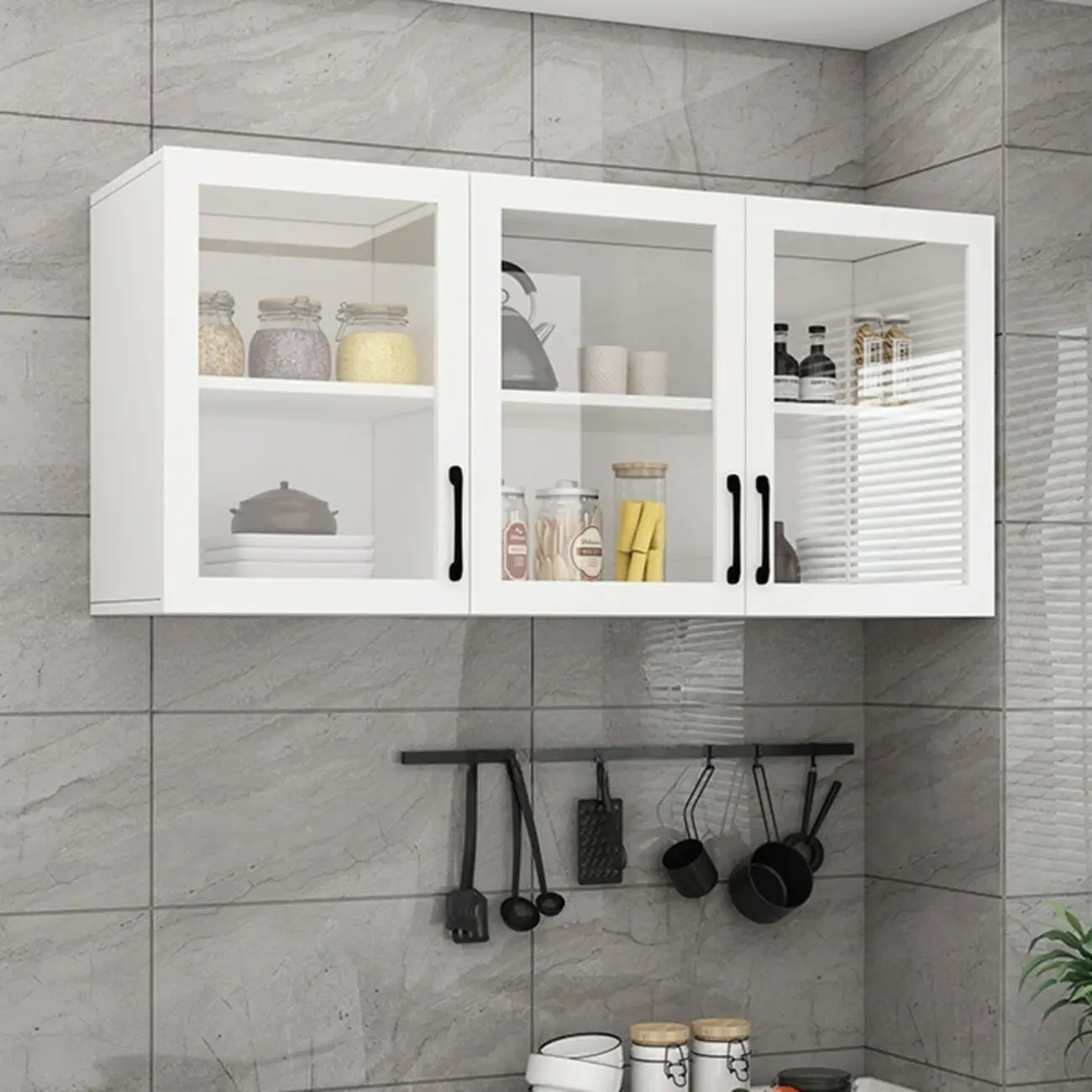 Kitchen Floating White Wood Glass Enclosed Display Cabinet