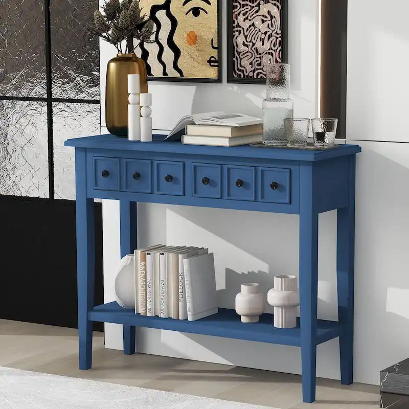 38.2 Rustic Console Table with Open Shelf and Three Drawers, Rubber Wood Legs