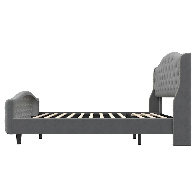 Velvet Upholstered Bed Frame with Wingback Headboard and Footboard