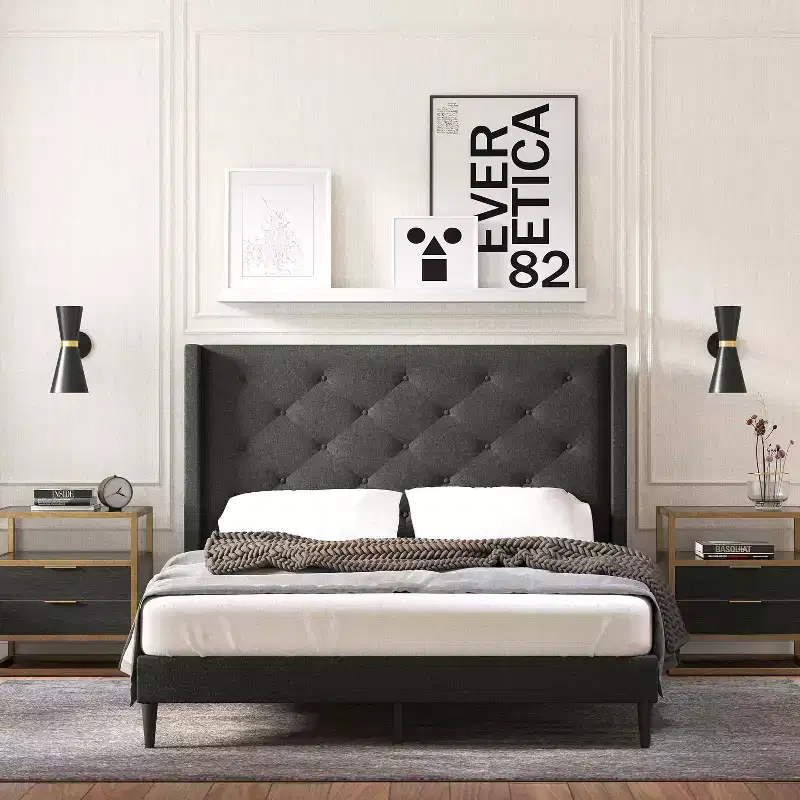 Glenwillow Home Huppe Upholstered Platform Bed Frame, Button-Tufted MCM Wingback, Mattress Foundation, No Box Spring Needed, Easy Assembly