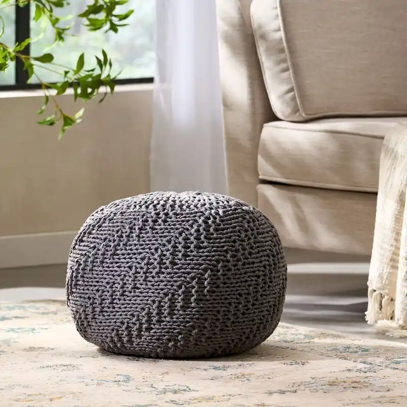 Dark Grey / Ivory Knitted Rope Round Pouf Ottoman – Indoor and Outdoor – 1 Person