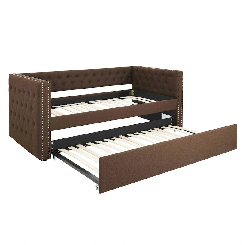 Upholstered Twin Daybed with Trundle - Button Tufted - Nailhead Trim