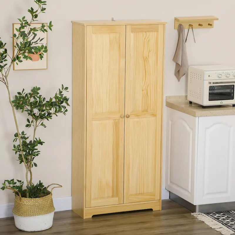 67  Pinewood Kitchen Pantry Storage Cabinet, Freestanding Cabinets with Doors and Shelf Adjustability, Soft-Close Mechanism