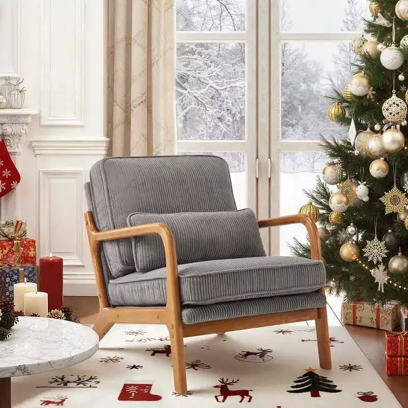 Karl Home 2Pcs Mid Century Solid Wood Accent Chair Upholstered Armchair with an Extra Pillow