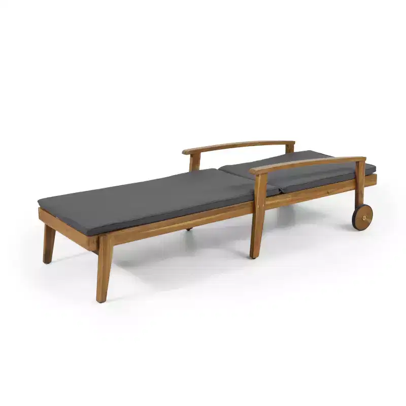 Acacia Wood Chaise Lounge with Cushion, 5-Position Reclining Patio Lounger