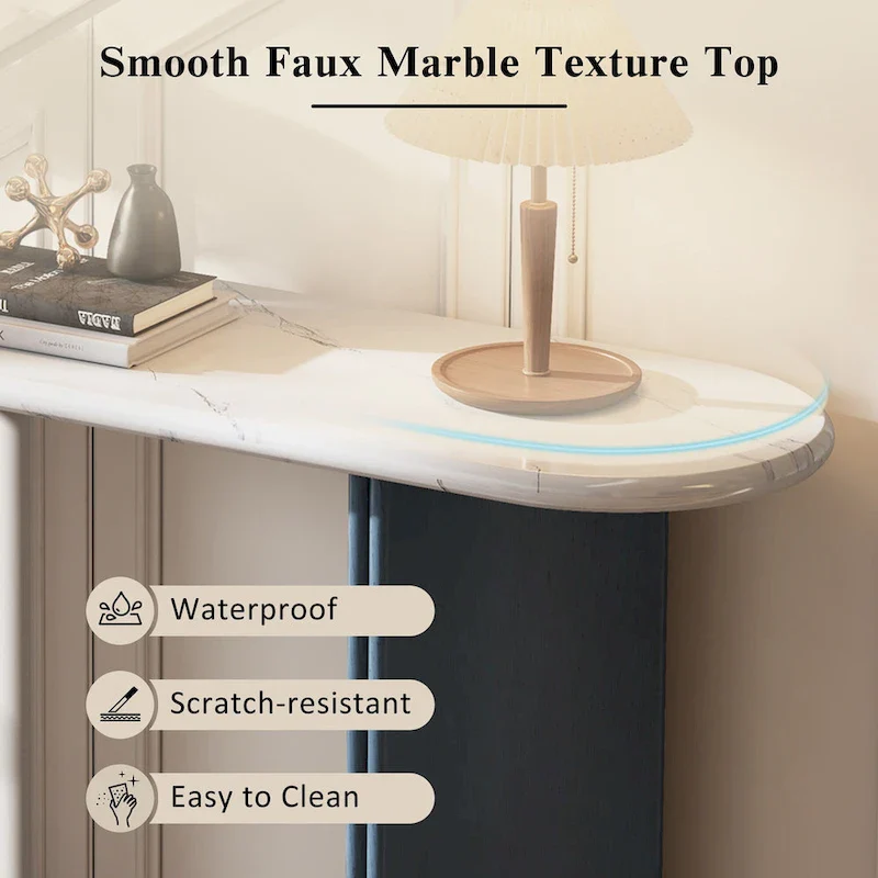 Oval Faux Marble Top Console Table Entryway Table, Narrow Sofa Table Hallway Accent Table with Triangular Base