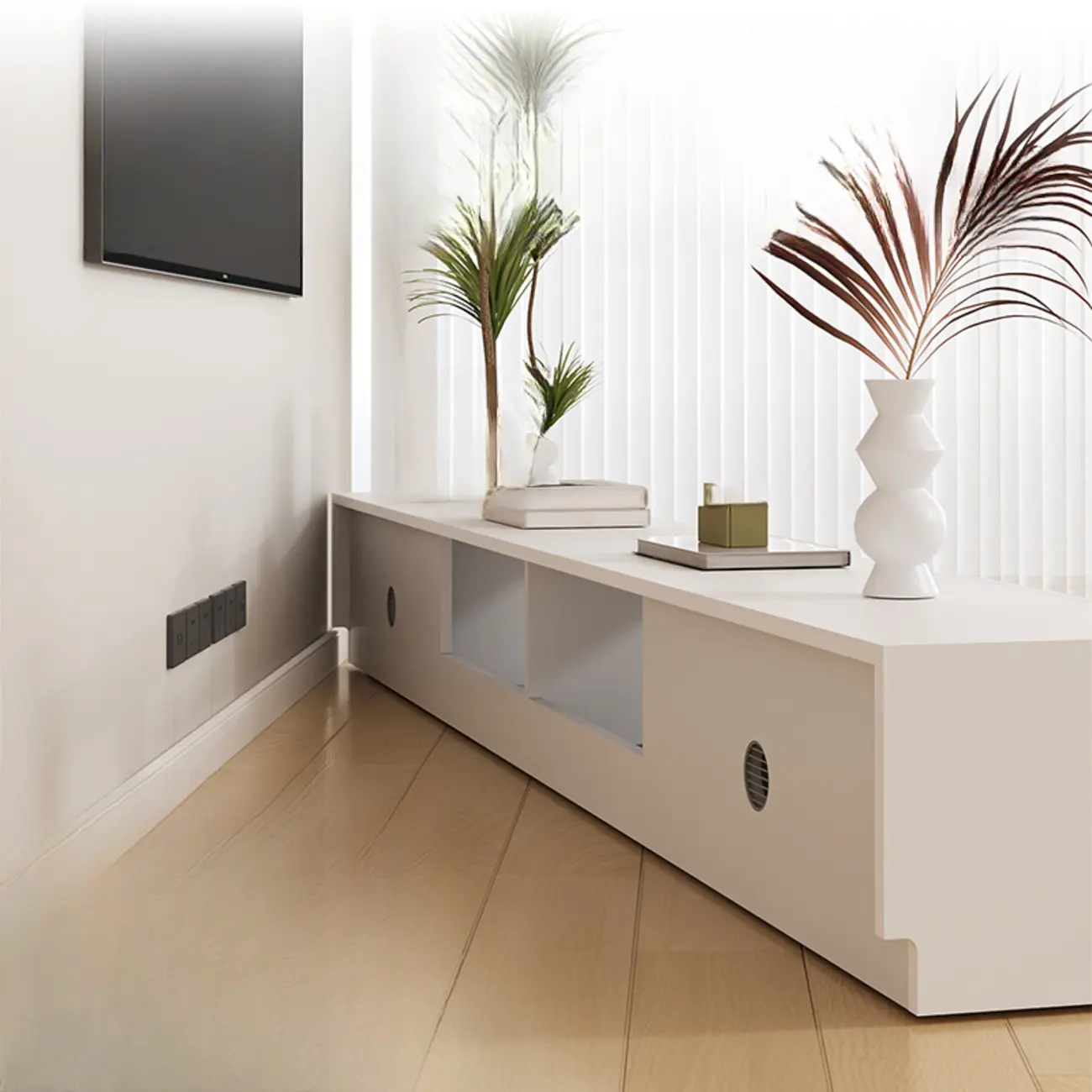Modern White Wood TV Stand with Cable Management
