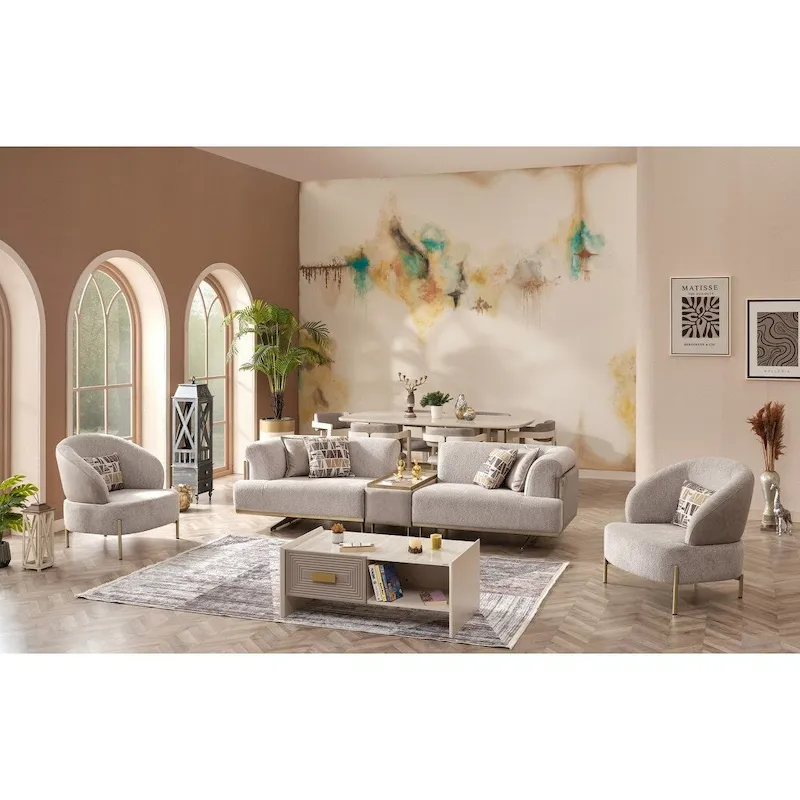 Cream 3-Piece Living Room Set, Fabric Sofa & 2 Armchairs, Seats 3