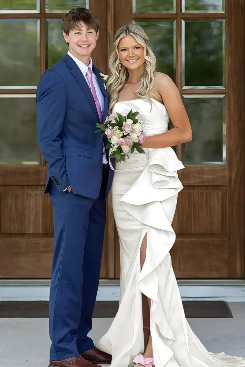 Pink Mermaid Strapless Satin Ruffled Long Prom Dresses with Slit